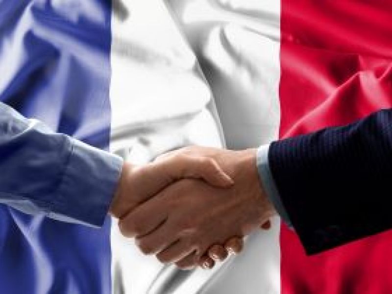 Businessmen shaking hands in front of French flag