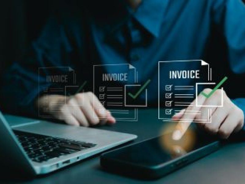 Man's hands tap on mobile phone next to laptop with electronic invoices